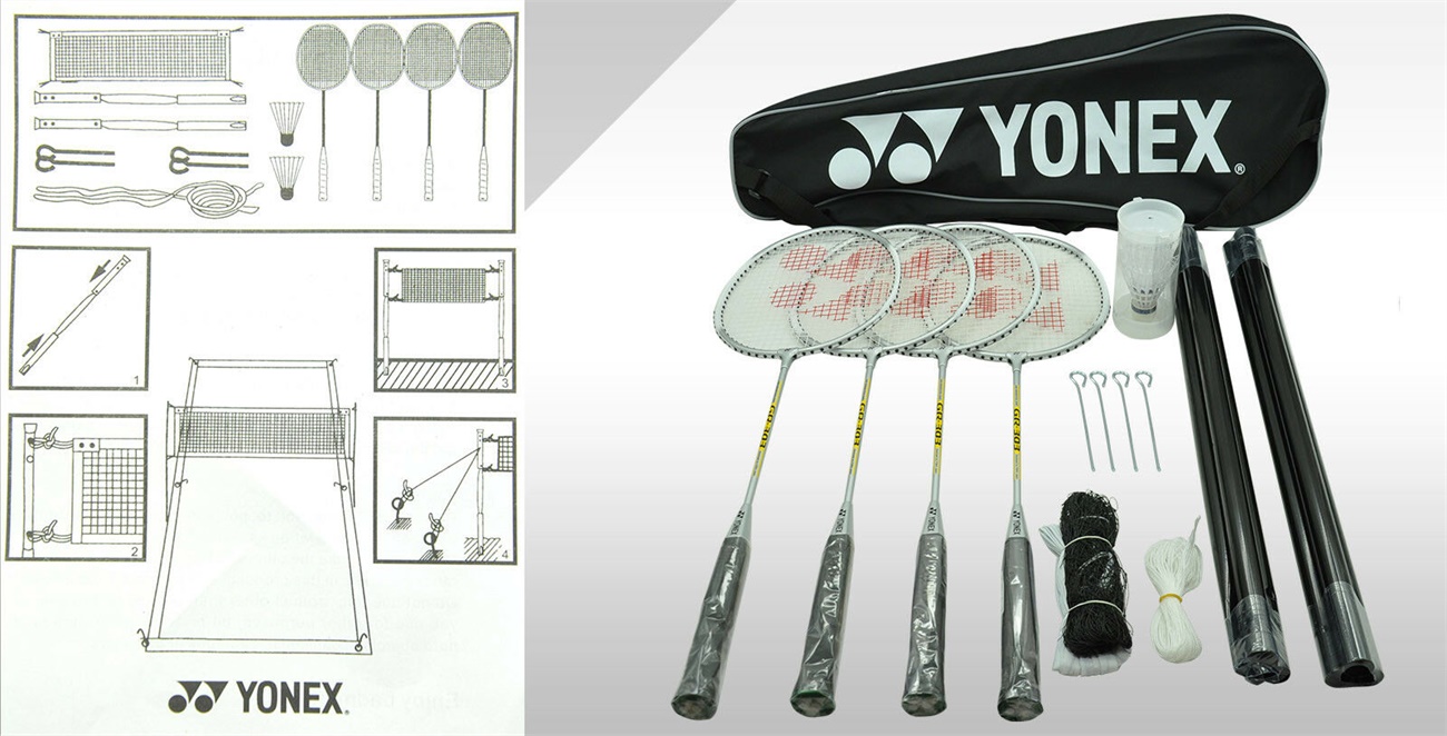 Yonex 4 Players Badminton Racquet Set Racket Shuttlecocks Net