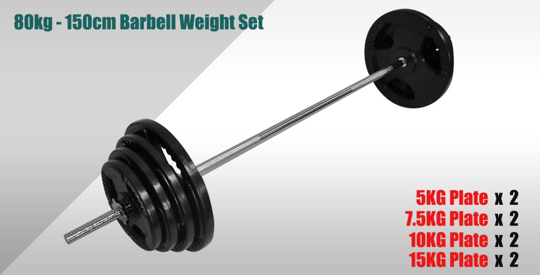 80kg Ez Grip Cast Iron Barbell Weight Set 150cm Bar + 75kg Iron